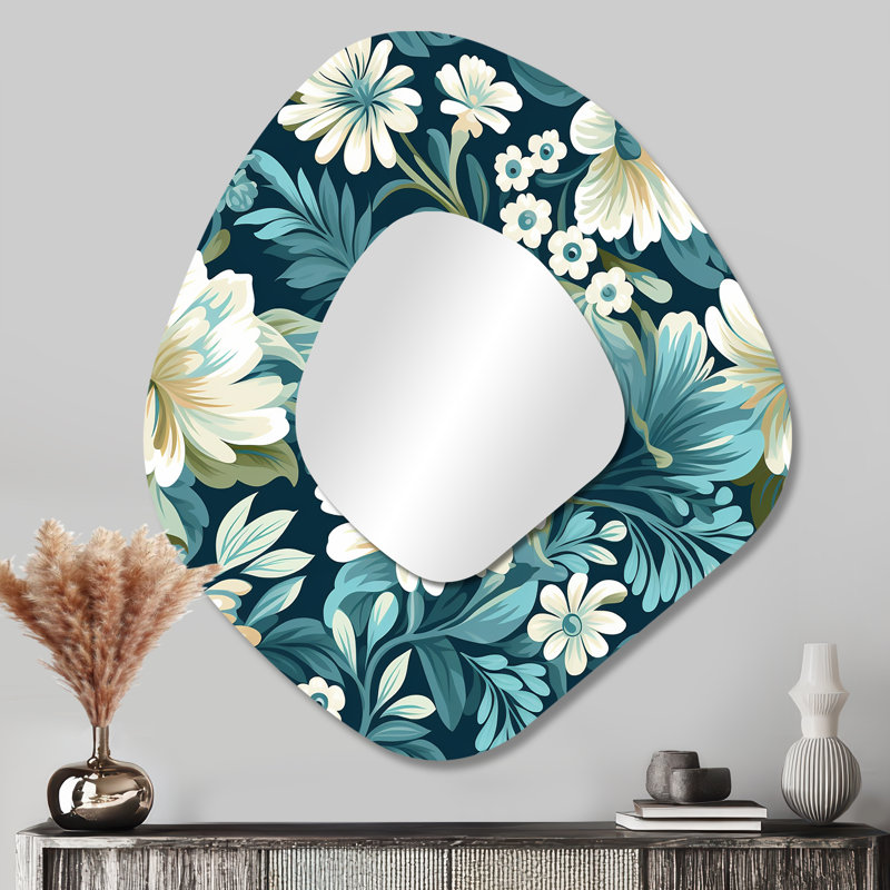 White And Light Green Bohemian Damask Harmony - Damask Irregular Shape Decorative Wall Mirror, Green Asymmetrical Large Mirror, Printed Metal Art