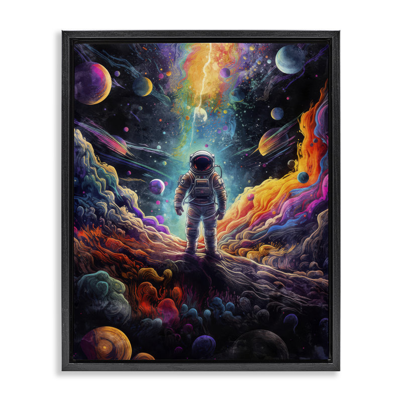 Astronaute sur la planète, art mural encadré par Nina Blue, H 21 po x l 17 po, Cadre flottant noir de jais