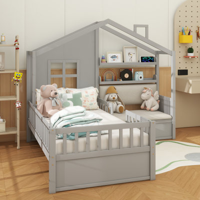 Twin Size House Bed With Sofa, Kids Platform Bed With Two Drawers And Storage Shelf, Gray