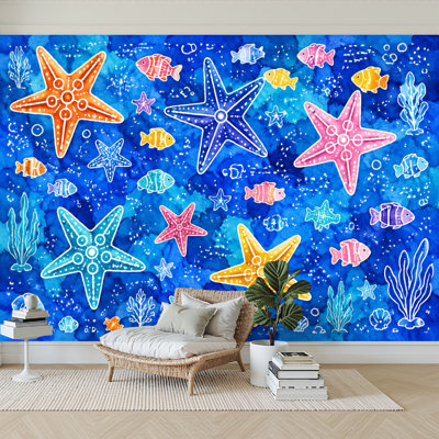 Papier peint adhésif autocollant aquarelle de mer dessiné à la main à la main, poissons et étoiles de mer blanc, papier autocollant amovible, décoration murale pour salon Chambre à coucher H 100 po x l 144 po