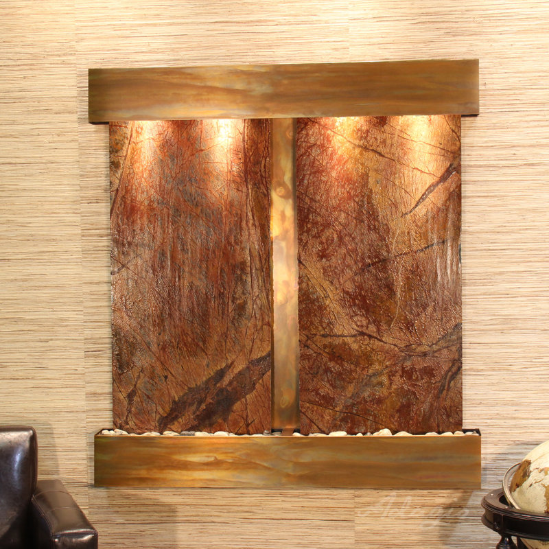 Aspen Falls Wall Fountain with Light, Rustic Copper, Rainforest Brown Marble