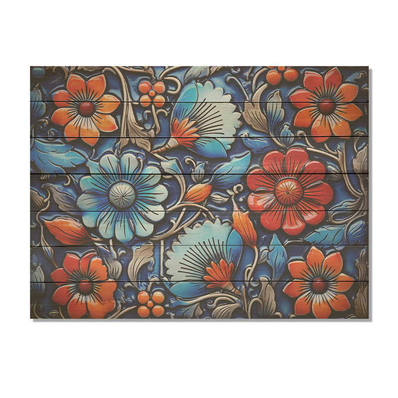 Floral Boho Blue And Orange Tile Mosaic II - Boho Mosaic On Wood Print, 10" H x 20" W x 0.78" D