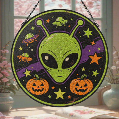 Panneaux de vitrail attrape-soleil citrouille extraterrestre pour décoration de fenêtre