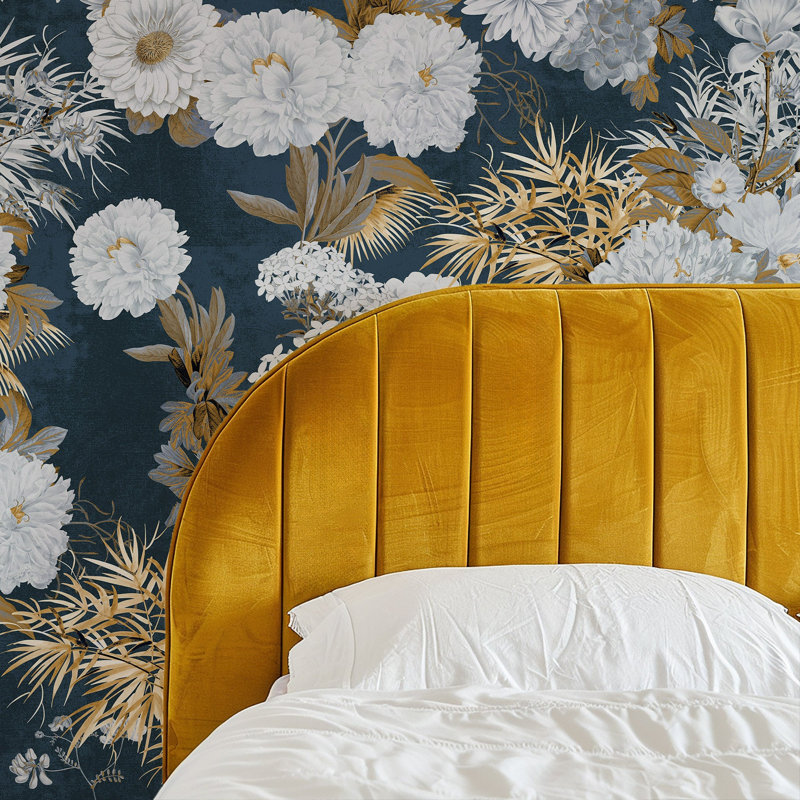 Luxury Floral Japandi Wallpaper,  Blue/Gold