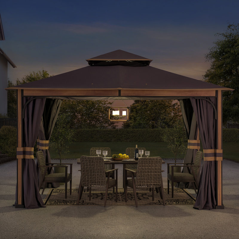 Sunjoy Roberts Outdoor Patio Steel Frame 11 x 13 ft. 2-Tier Soft Top Gazebo with Canopy Roof, Netting, and Curtains, Brown