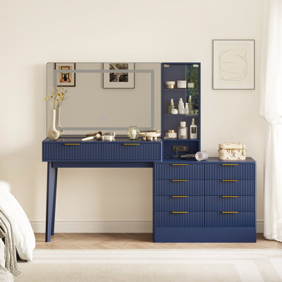 Makeup Vanity Desk With Smart LED Mirror, 10 Drawers, Glass Door Cabinet, Built-In Power Strip & Solid Wood Legs, Blue Finish