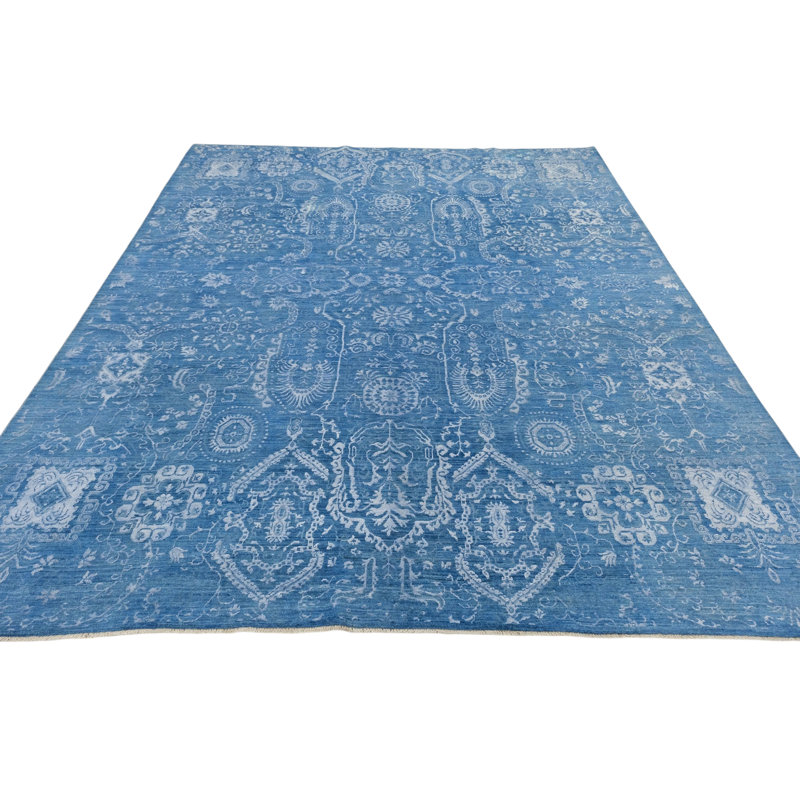 Hand Knotted Wool Area Rug in Blue