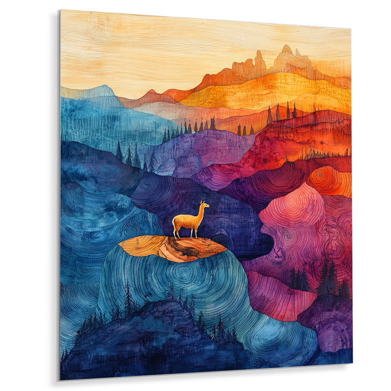 «Llama In The Rainbow Mountain Slide», reproduction d'art moderne en métal, décoration murale en métal lama