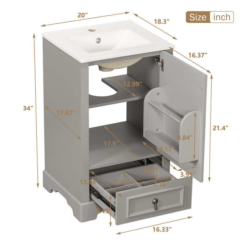 Meuble-lavabo de 20 po avec comptoir en céramique, Gris