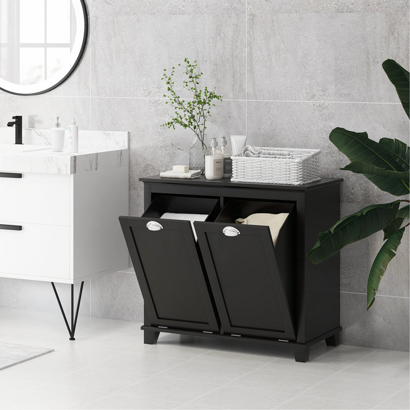 Armoire à linge double inclinable, armoire de rangement pour salle de bain avec panier à 2 compartiments, armoire de plancher moderne pour salle de bain, noir