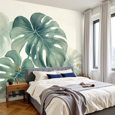 Peel and Stick Wallpaper Monstera Plant Leaves Soft Green Tones Delicate Details Wall Murals 100"H x 144"W Removable PVC Wall Paper Self-Adhesive Botanical Wall Decor for Bedroom Living Room