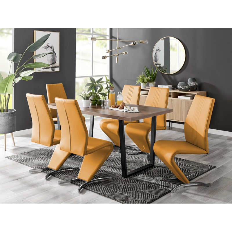 Kylooe Modern Brown Wood And Black Metal Dining Table Set With 6 Modern Design Faux Leather Chairs, Orange