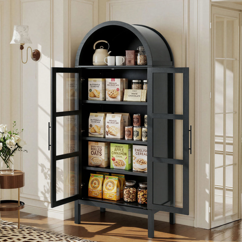 72" H x 31" W Farmhouse Arched Bookcase Wood Storage Display Cabinet With Glass Door & Adjustable Shelves, Black