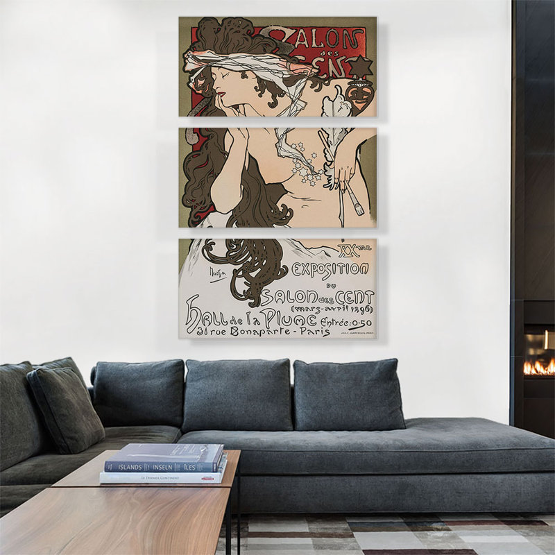 «Salon des cent 1896» par Alphonse Mucha, ensemble de 3 reproductions d'art sur toile tendue, H 60 po x l 40 po x P 1,5 po