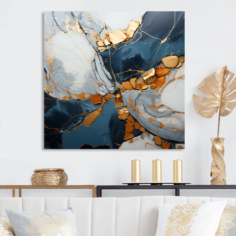 Or doré et bleu, art à l'encre III - encre liquide, art mural abstrait en métal, H 16 po x l 16 po