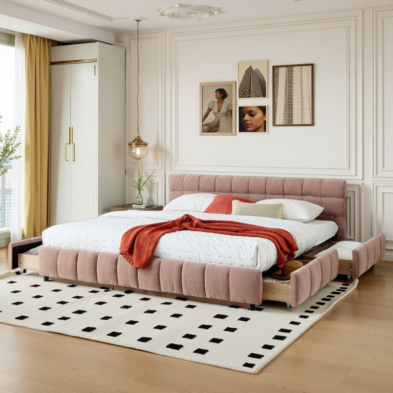 Lit plateforme tapissier très grand avec chenilles en tissu Chenille, Très grand lit, Rose