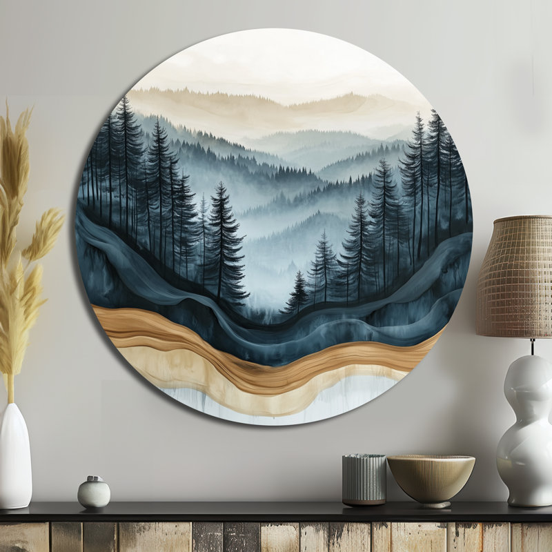 Forêt brumeuse de conifères IV - Impression d'art mural en métal représentant des pins, H 23 po x l 23 po