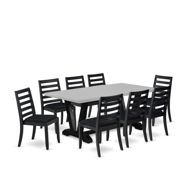 9-pc modern set - a table & 8 stackable kitchen chairs with Black Polyester Fabric, Cement