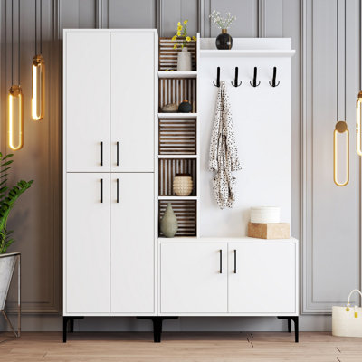 Modern Hall Stand with Metal Legs, White, 59.1 x 78.7 x 13.8 inches | 100% Melamine Coated Particle Board, Thickness: 0.7 inches | Wall-Mountable, Multiple Shelves, Stylish & Functional Entryway Storage Solution