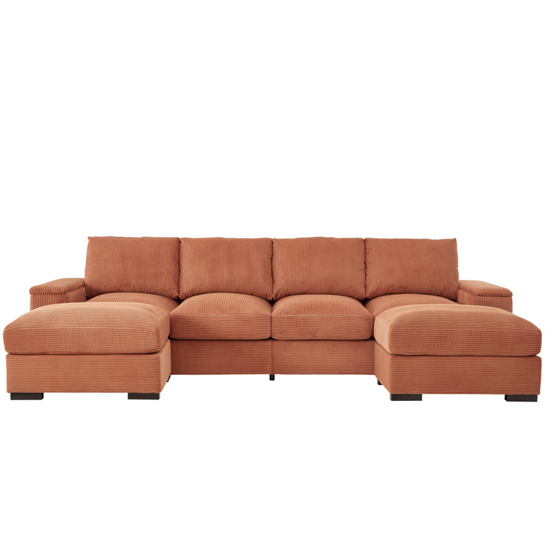 Canapé modulaire à assise profonde avec repose-pieds, canapé-lit en velours côtelé, Velours côtelé orange