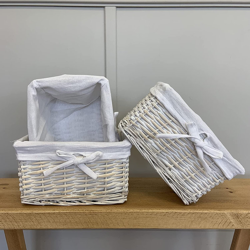 Rectangular Wicker Storage Basket with Removable Lining, White Wash