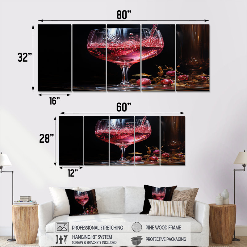 Rubis radieux avec lueur réfléchissante - vin, art mural 5 pièces, H 32 po x l 80 po