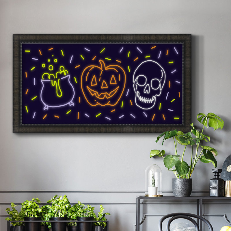 Toile encadrée néon d'Halloween de qualité supérieure - prête à être accrochée, H 25 po x l 45 po x P 1 po, Noir