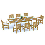 10 Seats 11 Pcs Grade-A Teak Wood Dining Set: 118" Double Extension Mas Rectangle Trestle Leg Table And 10 Devon Chairs (2 Arm & 8 Armless Chairs) #11DV2502