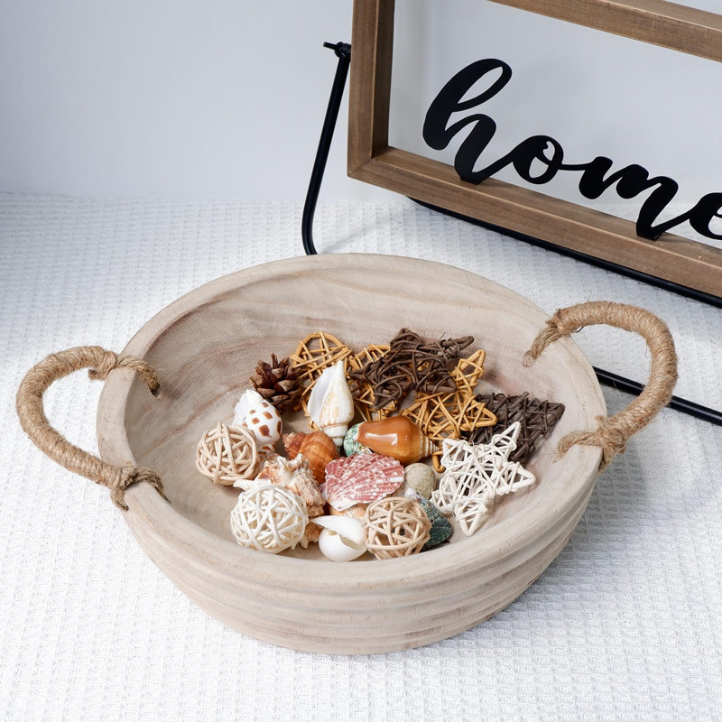 Bol décoratif en bois avec poignées en corde de chanvre