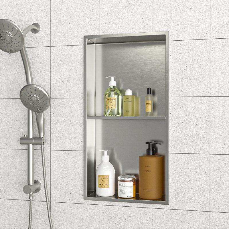 13" X 25" Stainless Steel Shower Niche Double Shelf, Brushed Nickel, Brushed Nickel