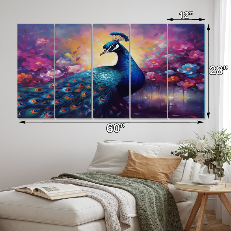 Vibrant paon II - décoration murale animaux - 5 panneaux égaux