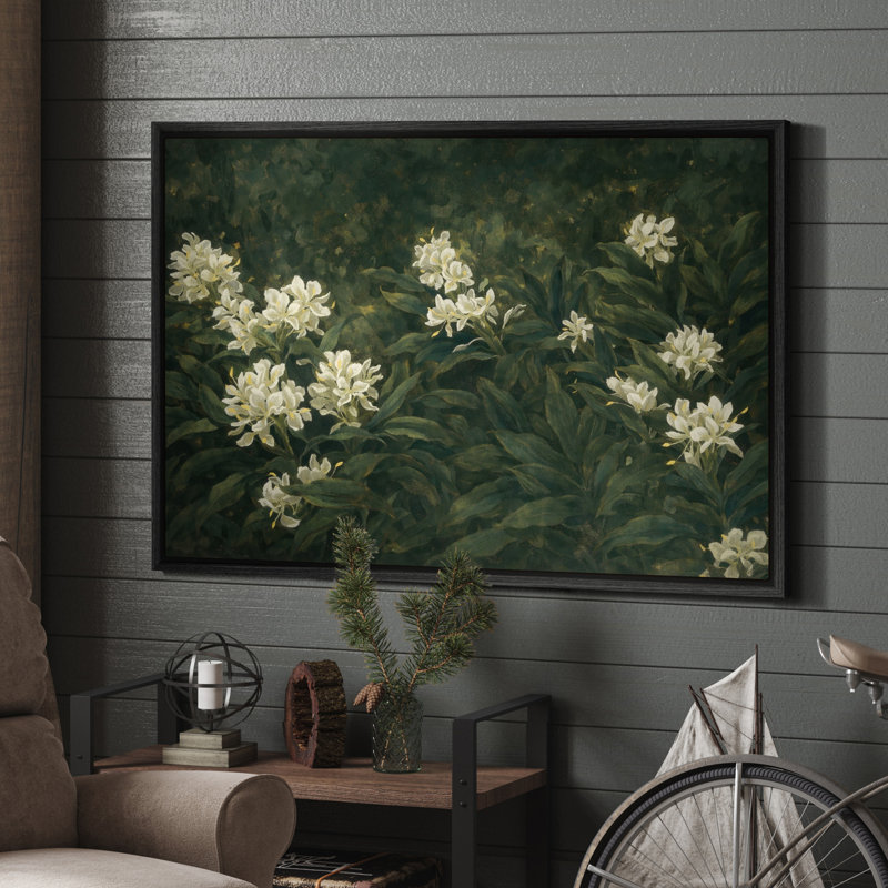 Art mural encadré sur toile - Arbustes botaniques classiques avec des fleurs blanches dans des tons de vert foncé - 16 po x 24 po, 24 po x 36 po