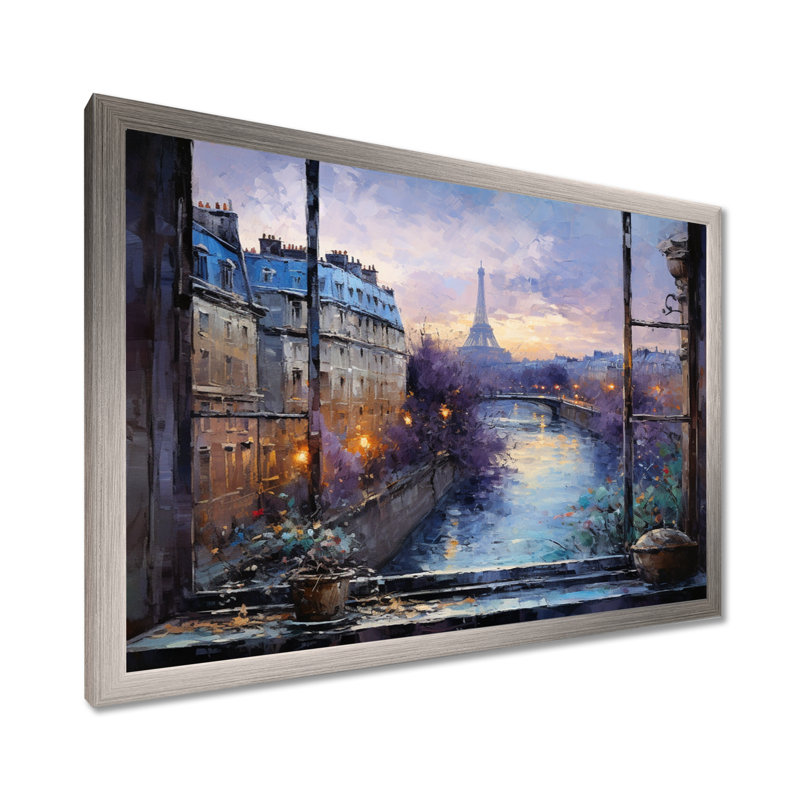 Vue de la fenêtre de Paris au coucher du soleil - Art mural Paris, Cadre de coin argenté fermé, H 30 po x l 40 po x P 1,5 po