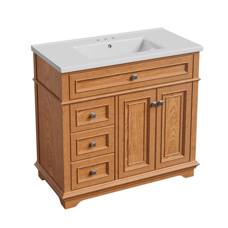 Meuble-lavabo sur pied 36 po avec comptoir en céramique et lavabo intégré 36 po, Teck, 36"