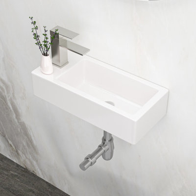 Bathroom Wall Mounted Sink - 14.74X7.25 Inch White Ceramic Rectangular, Stain , Low Water Absorption Rate, Acid Resistance, Modern Allure With Faucet Hole Absorption,
