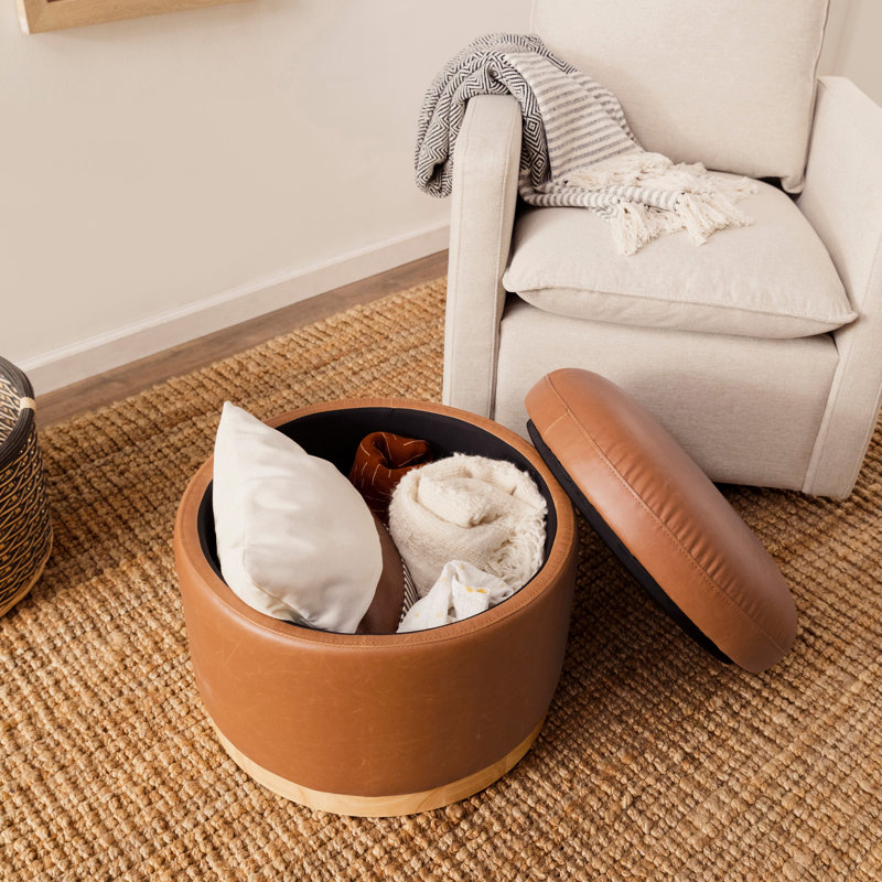 Naka 21.5'' Wide Vegan Leather Round Storage Ottoman with Storage
