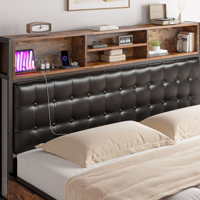 Udelle Bed Frame with 4 Storage Drawers, Upholstered Platform Bed with Headboard and Charging Station, King, No
