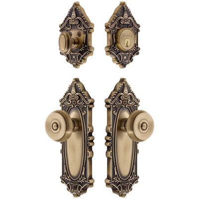 Grandeur Grande Victorian Long Plate Entry Set with Bouton Knob in Vintage Brass