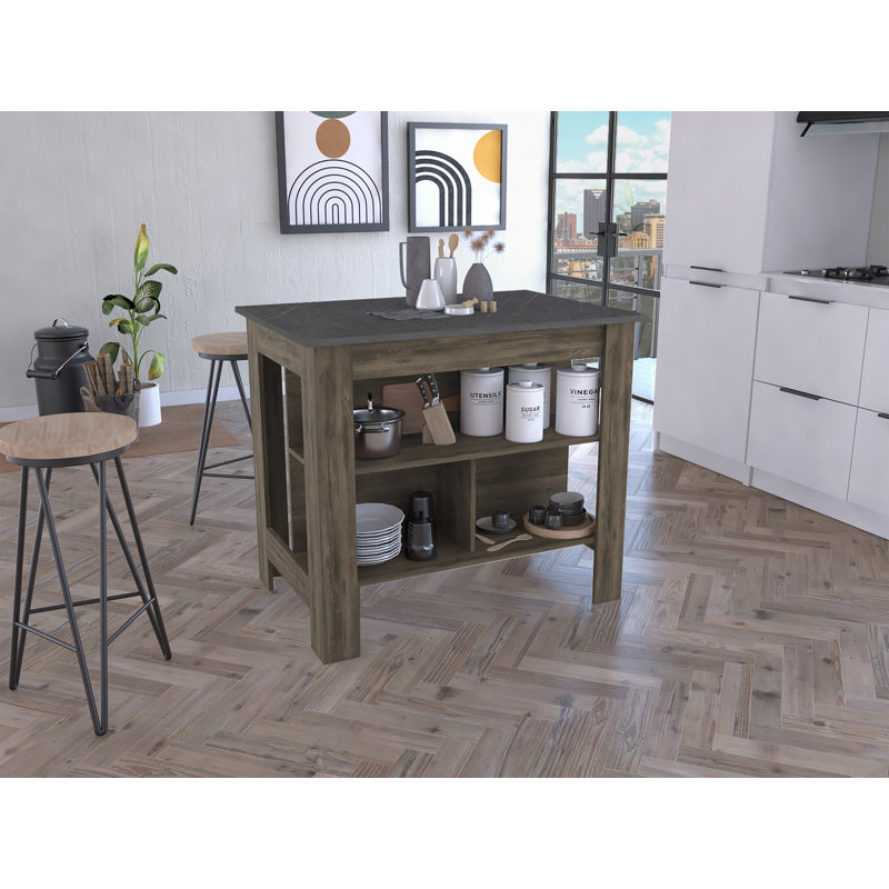 Kitchen Island, Four Legs, Three Shelves, Brown/Dark Gray