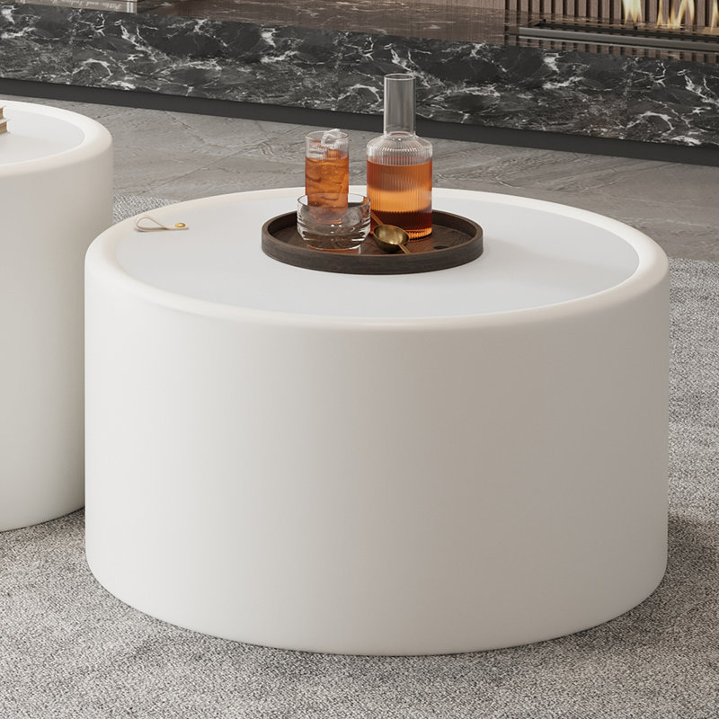 Table basse ronde avec plateau en verre trempé, structure en similicuir et rangement caché pour le salon, Blanc, crème