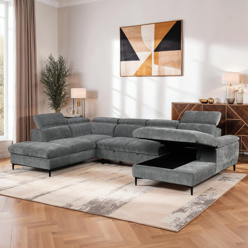 Fabric Pull Out Corner Sofa Bed , Grey