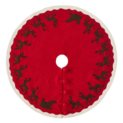 Jupe d'arbre de Noël fabriquée à la main en feutre - traîneau et renne sur fond rouge - 60 po