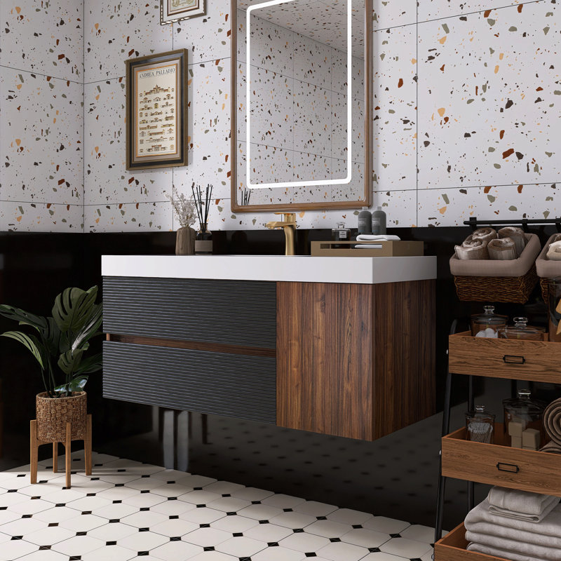Meuble-lavabo en noyer avec lavabo à surface solide blanc brillant