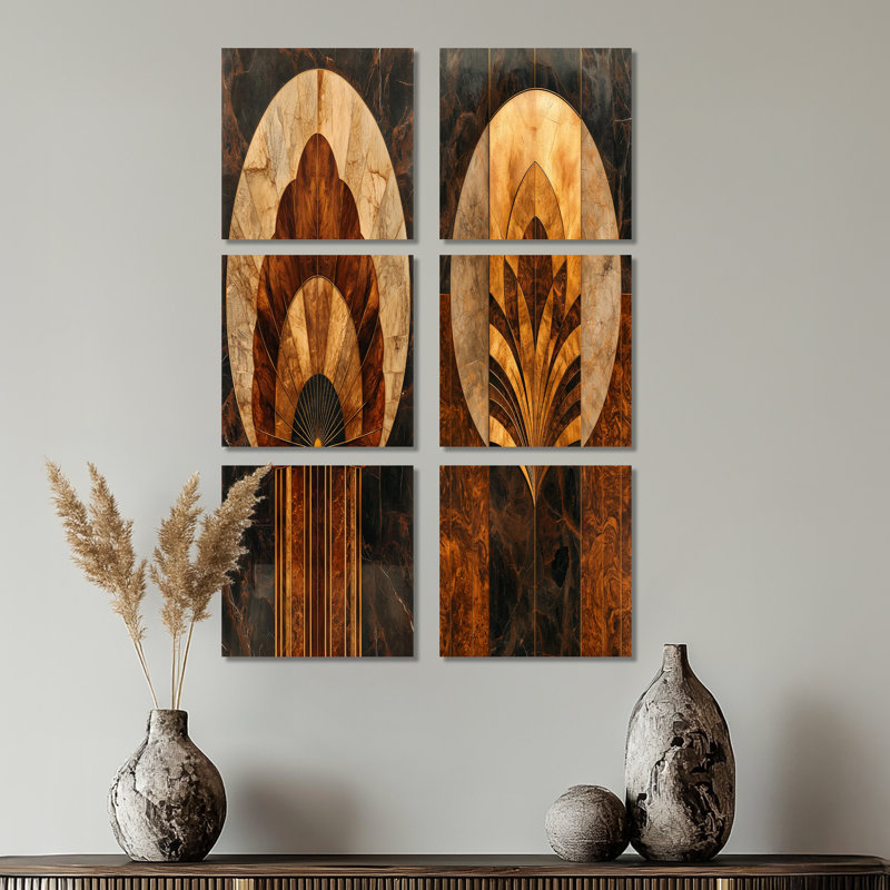 «Mosaic Walnut Essential Forms», ensemble d'art mural sur toile abstraite de 6, Toile tendue, Ne s’applique pas