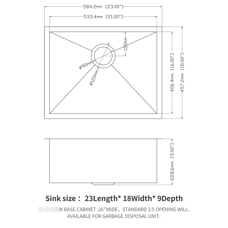 Évier de cuisine encastré en acier inoxydable de 23 pouces de profondeur 18 de calibre 9, grille inférieure, rembourrage insonorisant, finition satinée facile avec rainures de drain inclinées, conception,