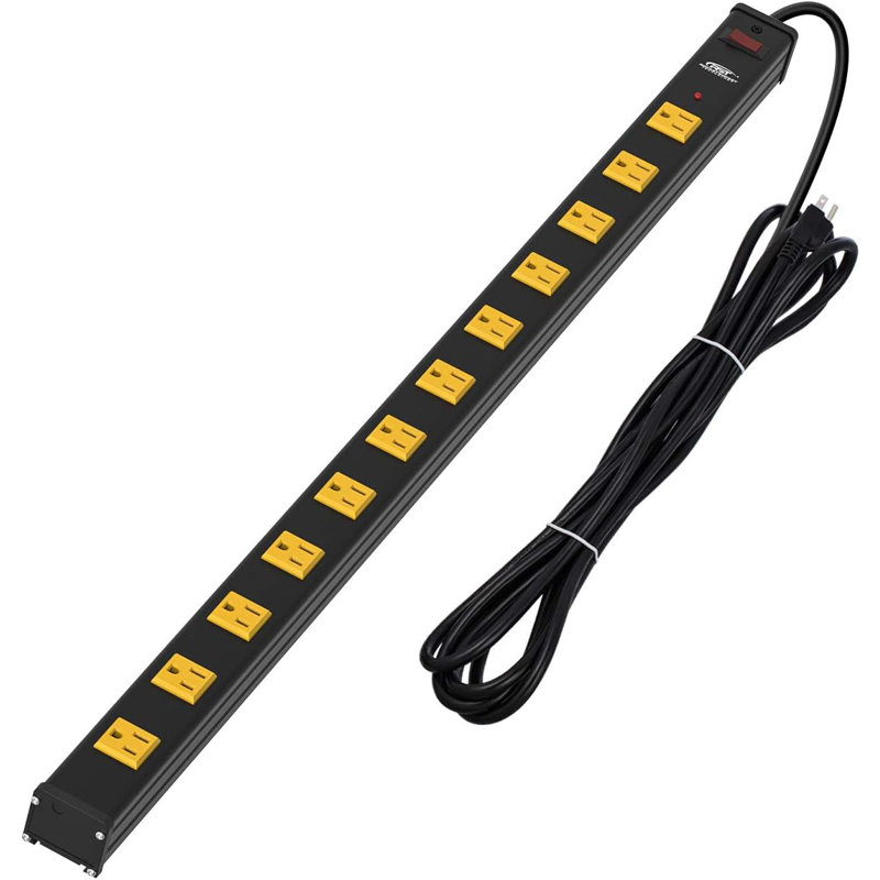 CRST Heavy Duty Surge Protector Power Strip Wide Spaced 12-Outlet 15 Feet Long Extension Cord with Mounting Brackets 15A Circuit Breaker 1800 Joules