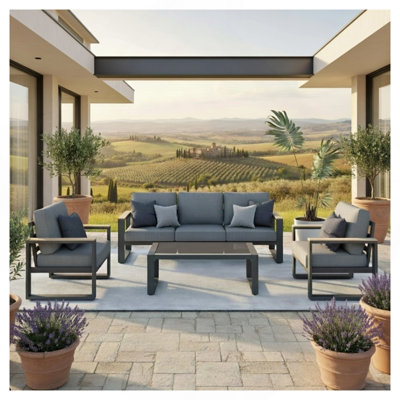 All-Weather 4-Piece Ultra Aluminum Patio Furniture Set, 5-Seat Conversation Sofa With 10 Inches Extra Thick Gray Back Cushions And Glass Table