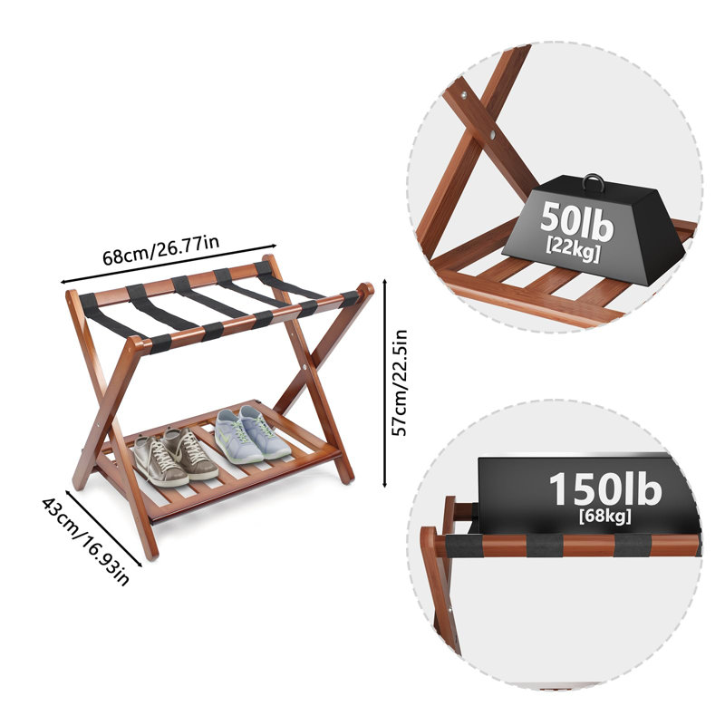 Walnut Foldable Luggage Rack Set with Nylon Straps