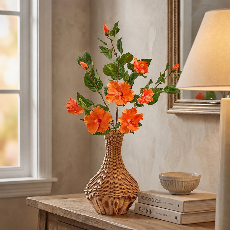 Double hibiscus et bourgeon 29 po , Orange