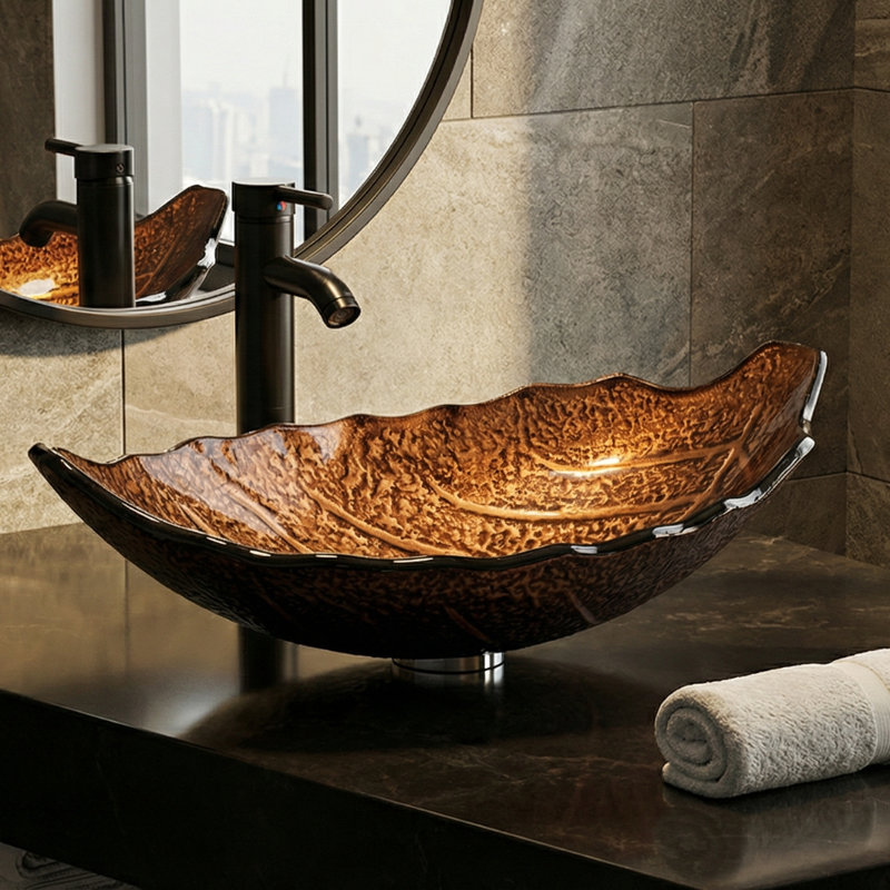 Vasque en verre artistique en forme de bateau pour salle de bain, couleur feuille brune, Brun